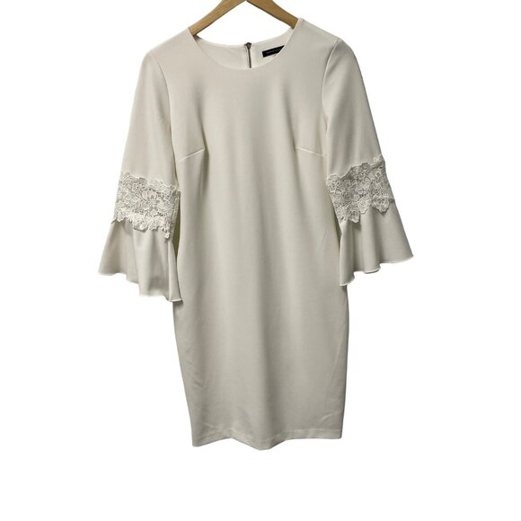 TOMMY HILFIGER DRESS LACE TRIM BOHO BELL SLEEVES SIZE 6 WHITE SHEATH BRIDAL - Picture 1 of 10